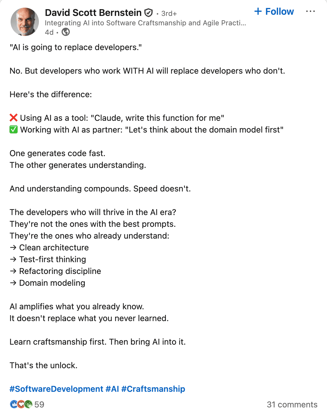 LinkedIn post by David Scott Bernstein about AI and software craftsmanship